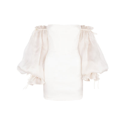 Women Clothing Sexy Off-the-shoulder All-matching Lantern Sleeve Tube Top Dress Autumn Winter