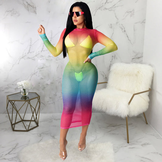 Wear Nightclub Super Elastic Angular Mesh Printed Dress