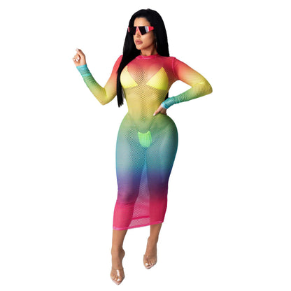 Wear Nightclub Super Elastic Angular Mesh Printed Dress