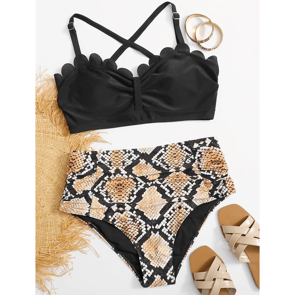 Plus Size Split Swimsuit Printed Cut Edge Contrast Color Women High Waist SwimmingClub