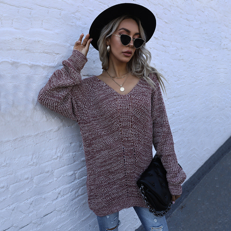 Pull mi-long à col V ample et manches longues, coloris mélangés, style automne décontracté pour femme