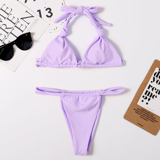 Traje de baño de bikini dividido para mujer, color sólido, sexy, de triángulo, con cuello halter y tirantes finos, de nailon.
