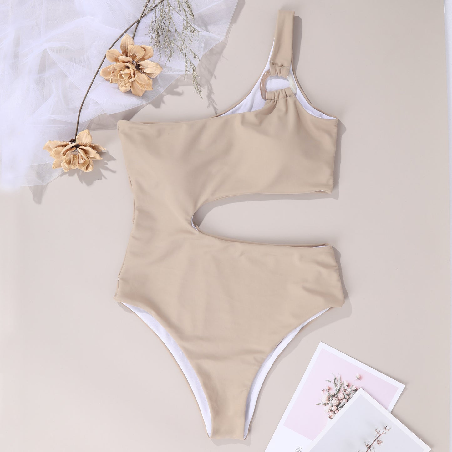 Traje de baño de una pieza de color sólido para mujer, traje de baño sexy con cintura ahuecada, traje de baño de un solo hombro, traje de baño bicolor