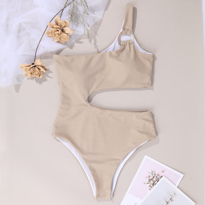 Traje de baño de una pieza de color sólido para mujer, traje de baño sexy con cintura ahuecada, traje de baño de un solo hombro, traje de baño bicolor