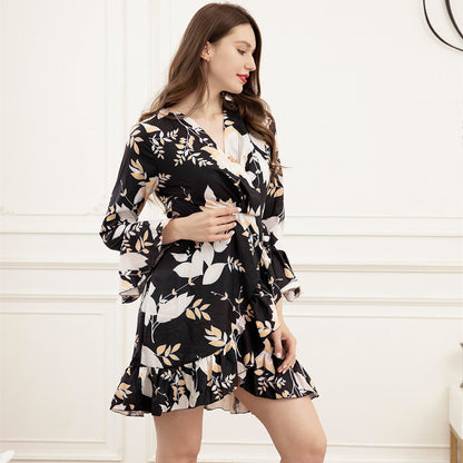 Sexy Women Beach Dress Deep V Plunge Plunge Printed Dress Cinched Waist Slim-fit Long Sleeve Mini Dress