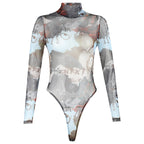 Sexy Sheer Mesh Letter Graphic Printing Bottoming Long-Sleeved Bodysuit