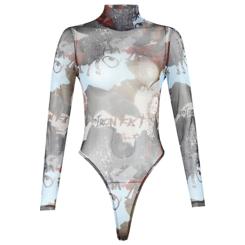 Sexy Sheer Mesh Letter Graphic Printing Bottoming Long-Sleeved Bodysuit