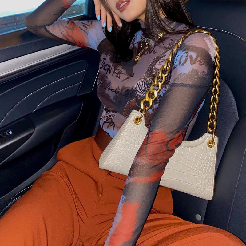 Sexy Sheer Mesh Letter Graphic Printing Bottoming Long-Sleeved Bodysuit