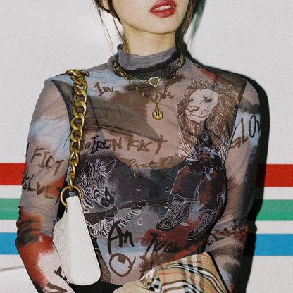 Sexy Sheer Mesh Letter Graphic Printing Bottoming Long-Sleeved Bodysuit