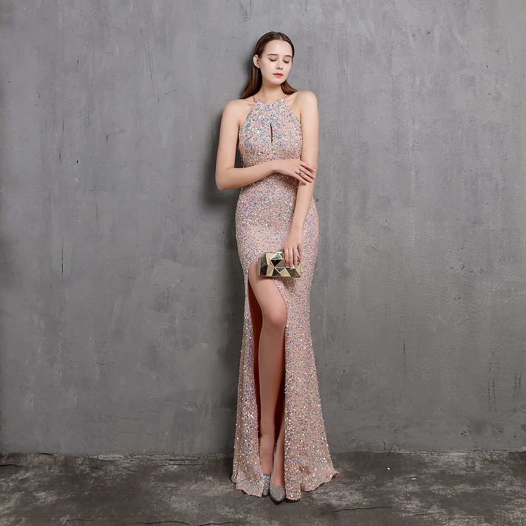 Vestido de noche para fiesta de alta sociedad, sexy, largo y adelgazante, con lentejuelas coloridas y artesanía pesada, vestido formal de novia.