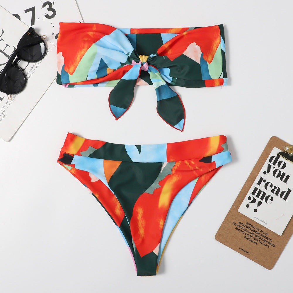 Bikini sexy con lazo y estampado dúplex para mujer, traje de baño triangular multicolor para playa y primavera