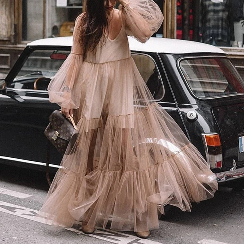 Summer Women V neck Puff Sleeve Mesh See through Dress Maxi Dress SCC