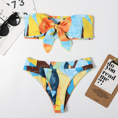 Bikini sexy con lazo y estampado dúplex para mujer, traje de baño triangular multicolor para playa y primavera