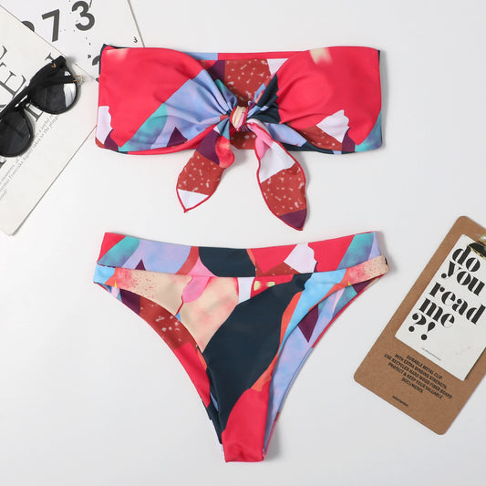 Bikini sexy con lazo y estampado dúplex para mujer, traje de baño triangular multicolor para playa y primavera