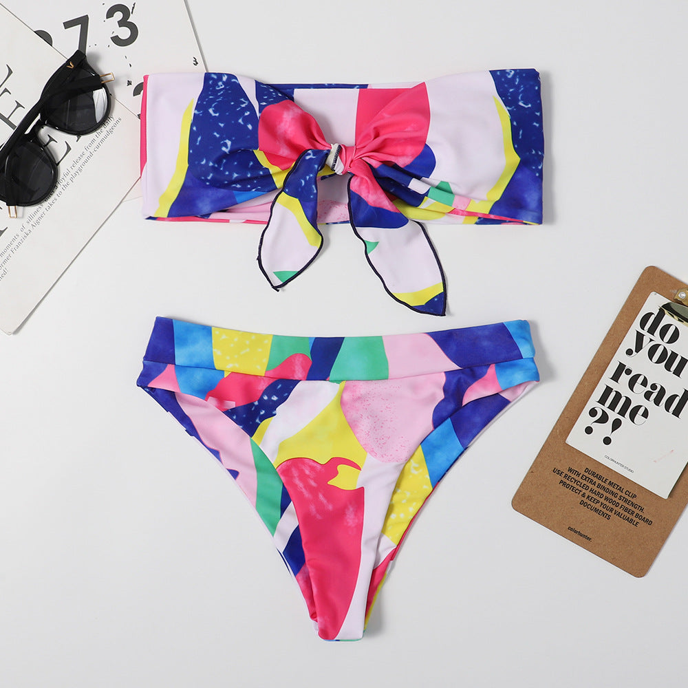 Bikini sexy con lazo y estampado dúplex para mujer, traje de baño triangular multicolor para playa y primavera