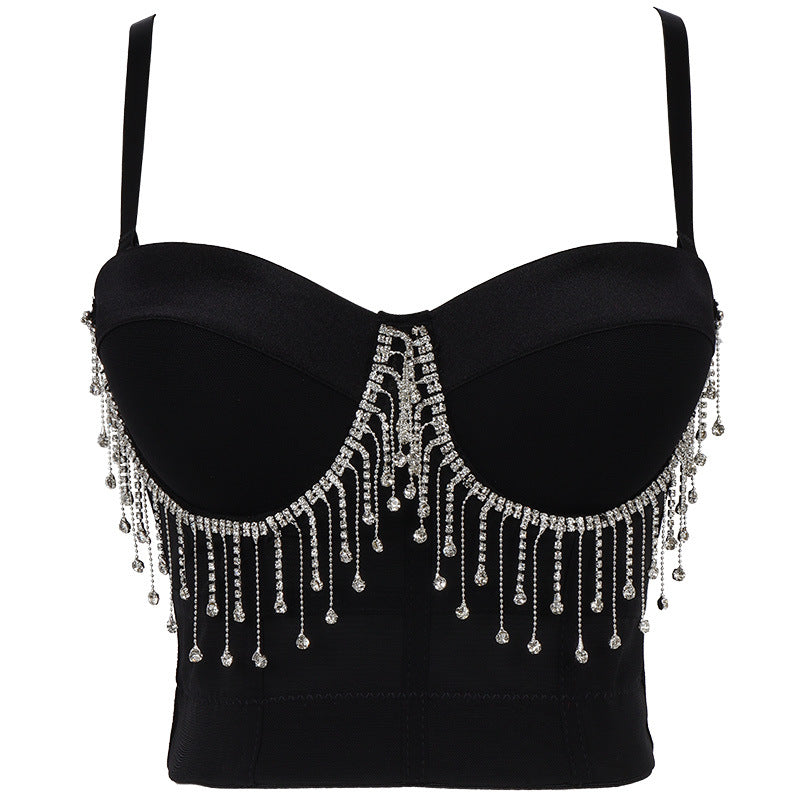 Belly Dance Performance Tube Top Sexy Tassel Chain Small Sling Solid Color with Steel Ring Body Shaping Slim Looking Tube Top WildQueen