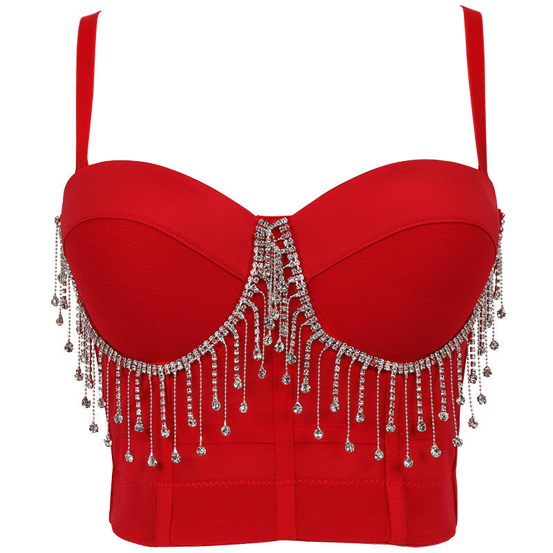 Belly Dance Performance Tube Top Sexy Tassel Chain Small Sling Solid Color with Steel Ring Body Shaping Slim Looking Tube Top WildQueen