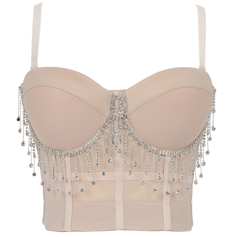 Belly Dance Performance Tube Top Sexy Tassel Chain Small Sling Solid Color with Steel Ring Body Shaping Slim Looking Tube Top WildQueen