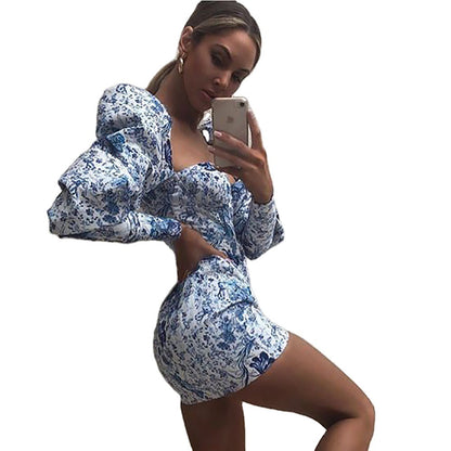 Printed Puff Sleeve Wrapped Chest Sheath Slim Dress