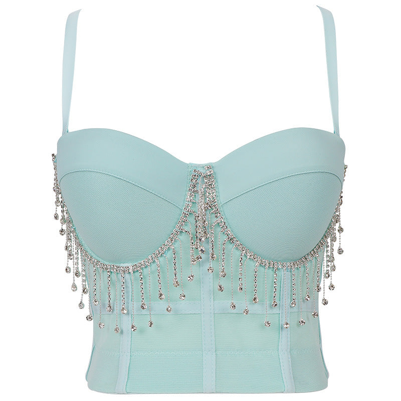 Belly Dance Performance Tube Top Sexy Tassel Chain Small Sling Solid Color with Steel Ring Body Shaping Slim Looking Tube Top WildQueen