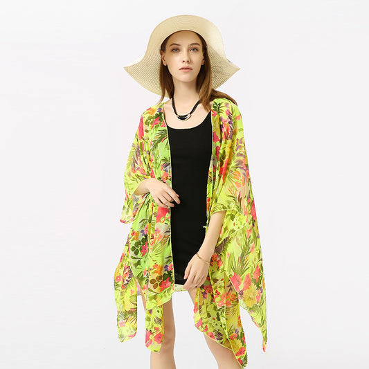 Summer Printed Floral Sun Protection Shirt Beach Dress Beach Cover Up