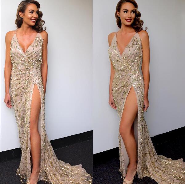 Sexy Women Clothing V neck Backless Slit Sling Gold Sequ Dress Maxi Dress Summer YAMIKA