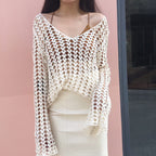 Chemisier à manches longues en coton coréen pour femme, haut à smocks, ajouré, découpé, crochet, broderie florale, protection solaire
