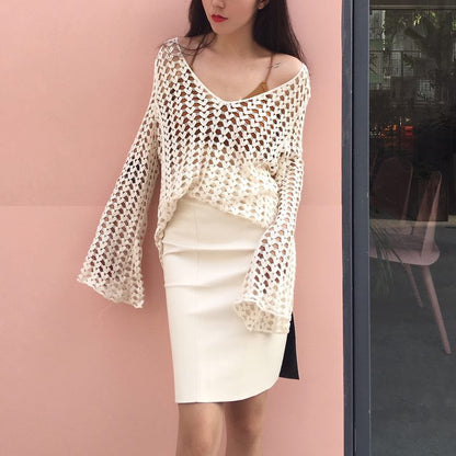 Korean Cotton Thread Hollow Out Cutout Crochet Embroidery Floral Women Long Sleeve Bottoming Shirt Smock Top Sun Protective Blouse