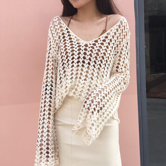 Korean Cotton Thread Hollow Out Cutout Crochet Embroidery Floral Women Long Sleeve Bottoming Shirt Smock Top Sun Protective Blouse