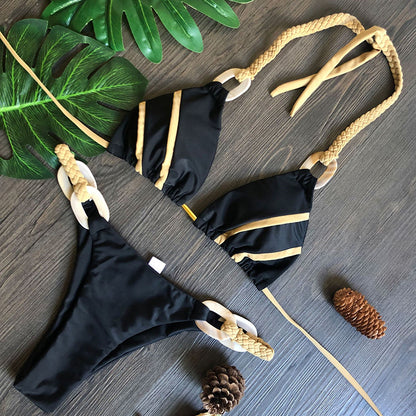 Traje de baño de cuello halter para mujer, traje de baño de corte alto, conjunto de bikini triangular, traje de baño de retazos, microbikini para mujer