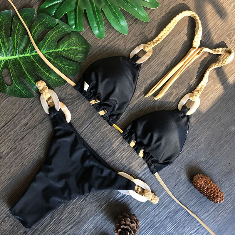 Traje de baño de cuello halter para mujer, traje de baño de corte alto, conjunto de bikini triangular, traje de baño de retazos, microbikini para mujer