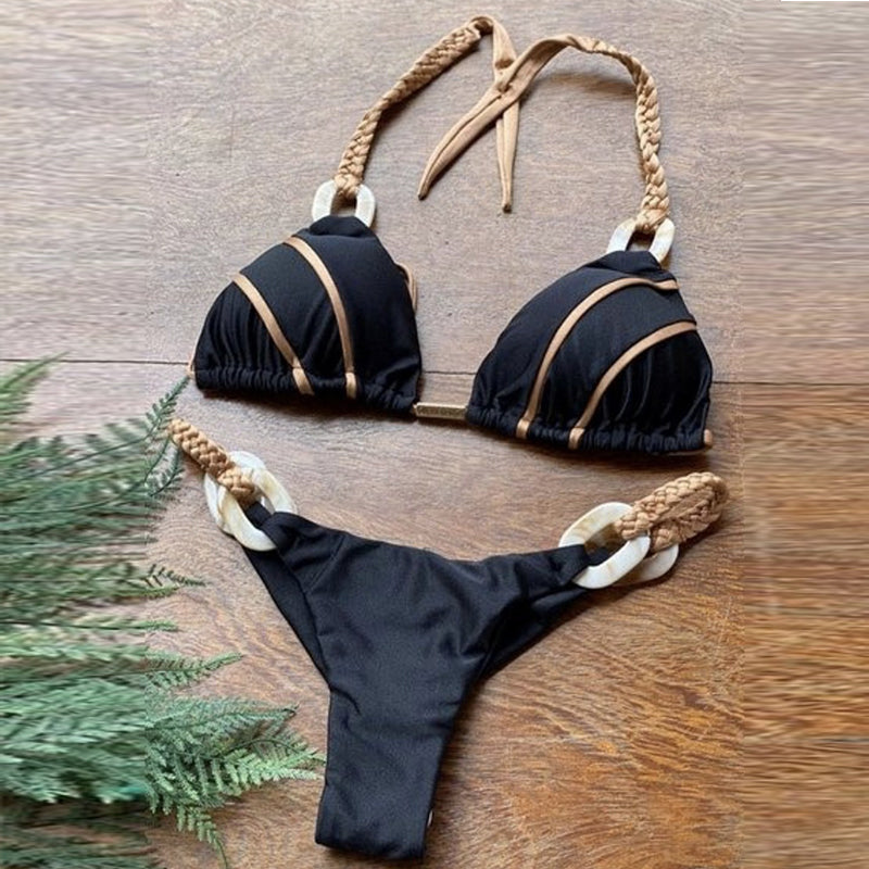 Traje de baño de cuello halter para mujer, traje de baño de corte alto, conjunto de bikini triangular, traje de baño de retazos, microbikini para mujer