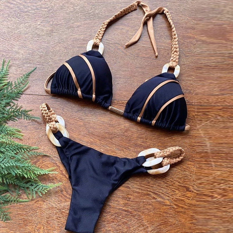 Traje de baño de cuello halter para mujer, traje de baño de corte alto, conjunto de bikini triangular, traje de baño de retazos, microbikini para mujer