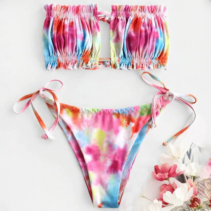 Print Bikinis Woman Bandeau Swimsuit For Women Pleated Biquini Micro Swimwear Sexy Keyhole Two Piece High Cut Bathing Suit
