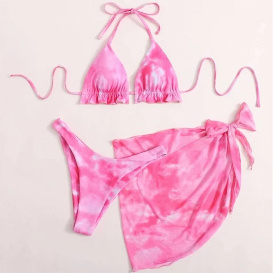 Traje de baño con falda para mujer, traje de baño con teñido anudado, bikini de corte alto con volantes, traje de baño para mujer, traje de baño con cuello halter, traje de baño con nudo