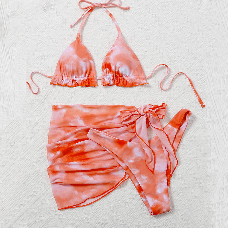 Skirted Swimsuit Women Tie-dye Piece Suit Bikini High Cut Ruffle Swimwear Women Halter Swim Suit Knot Bathing Suit