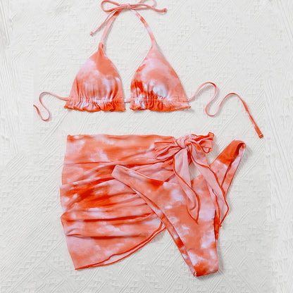 Skirted Swimsuit Women Tie-dye Piece Suit Bikini High Cut Ruffle Swimwear Women Halter Swim Suit Knot Bathing Suit
