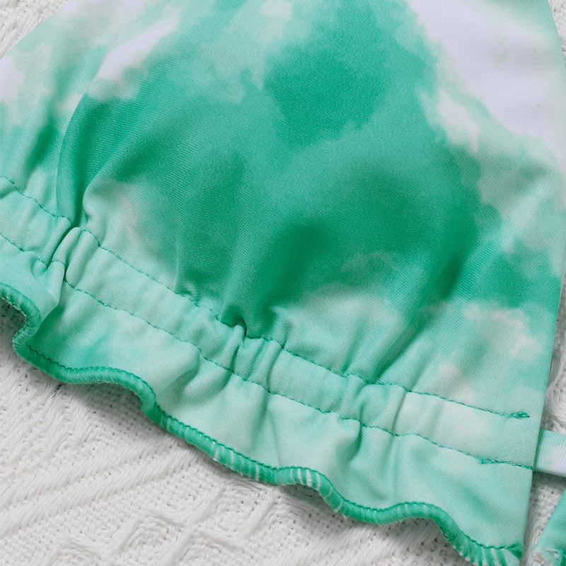 Skirted Swimsuit Women Tie-dye Piece Suit Bikini High Cut Ruffle Swimwear Women Halter Swim Suit Knot Bathing Suit