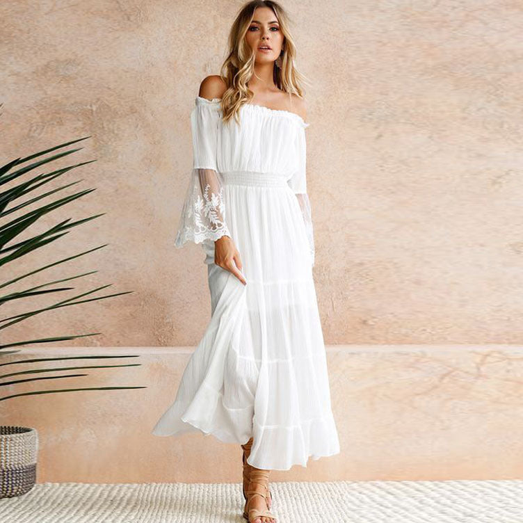 Popular Sexy off-Neck Lace Patchwork Flared Sleeves Dress Maxi Dress Oronia