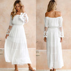 Popular Sexy off-Neck Lace Patchwork Flared Sleeves Dress Maxi Dress Oronia