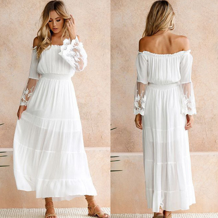 Popular Sexy off-Neck Lace Patchwork Flared Sleeves Dress Maxi Dress Oronia