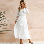 Popular Sexy off-Neck Lace Patchwork Flared Sleeves Dress Maxi Dress Oronia