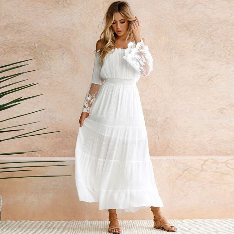 Popular Sexy off-Neck Lace Patchwork Flared Sleeves Dress Maxi Dress Oronia