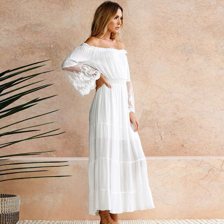 Popular Sexy off-Neck Lace Patchwork Flared Sleeves Dress Maxi Dress Oronia