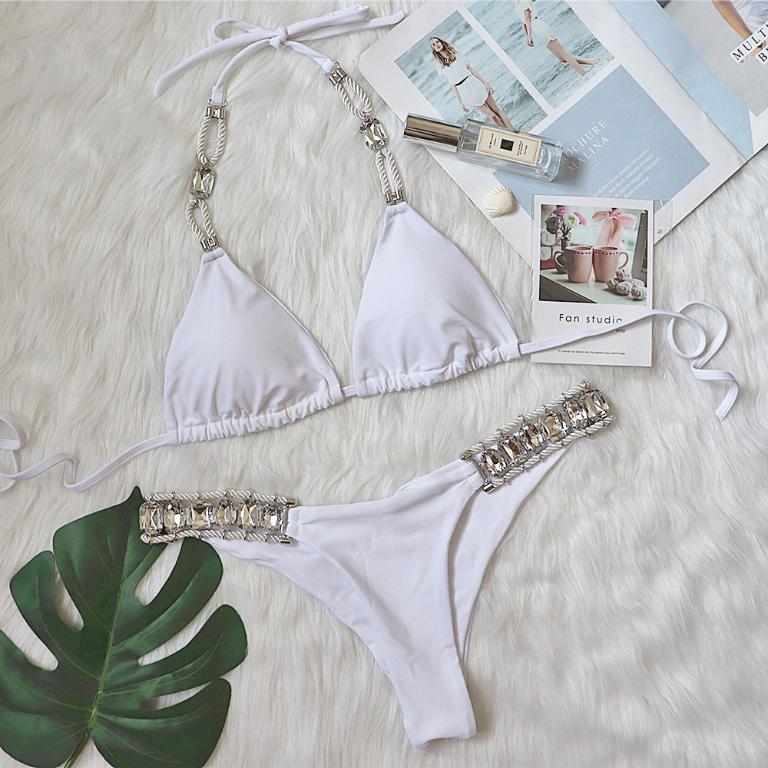 Traje de baño de diamantes de cristal en color liso con bikini sexy sin espalda
