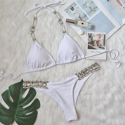 Traje de baño de diamantes de cristal en color liso con bikini sexy sin espalda
