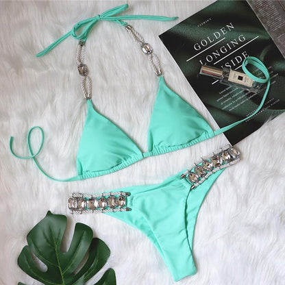 Traje de baño de diamantes de cristal en color liso con bikini sexy sin espalda