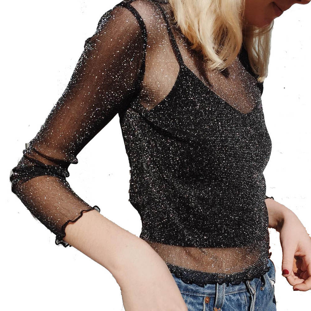 Camiseta sexy de malla transparente para mujer, camiseta de manga larga de seda brillante con parte inferior.