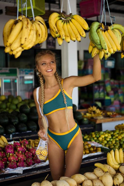Bikinis acanalados Mujer Bikini de cintura alta Bandeau Traje de baño mujer Patchwork Traje de baño Mujer Traje de baño de un hombro 