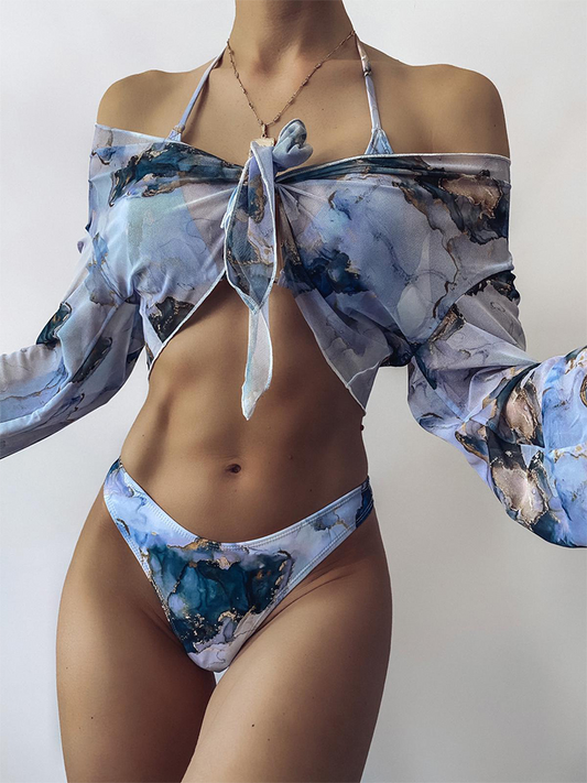 Conjunto de bikini sexy con estampado de mármol, traje de baño de 3 piezas, traje de baño de malla de manga larga, traje de baño de corte alto para mujer, micro bikini con cuello halter, ropa de playa 